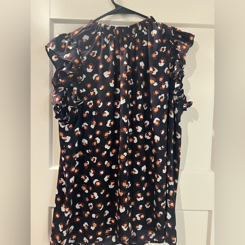 Ann Taylor Sleeveless Ruffled Blouse, Medium Tall, Navy Print